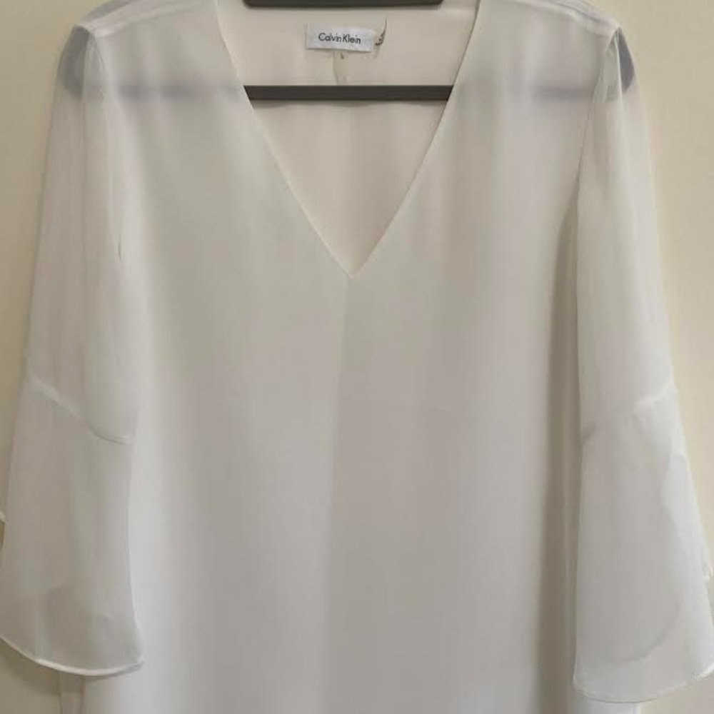 Calvin Klein Cream Blouse with Long Flutter Sleeve - Size L